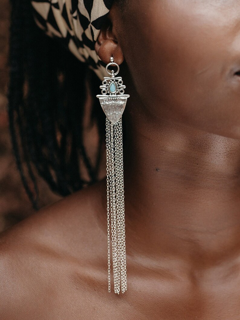 Bohemian Silver Chain Tassel larimar earrings, shoulder duster earrings, extra long statement earrings image 1