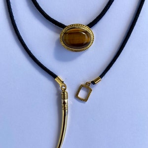 Tuareg layered necklace, lariat necklace with tigers eye and tusk pendant brass, summer choker necklace for her Brass