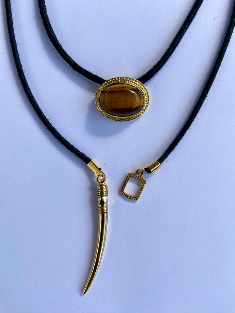 Tuareg layered necklace, lariat necklace with tigers eye and tusk pendant brass, summer choker necklace for her Brass