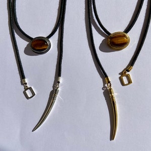 Tuareg layered necklace, lariat necklace with tigers eye and tusk pendant brass, summer choker necklace for her image 6