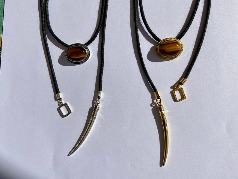 Tuareg layered necklace, lariat necklace with tigers eye and tusk pendant brass, summer choker necklace for her image 6