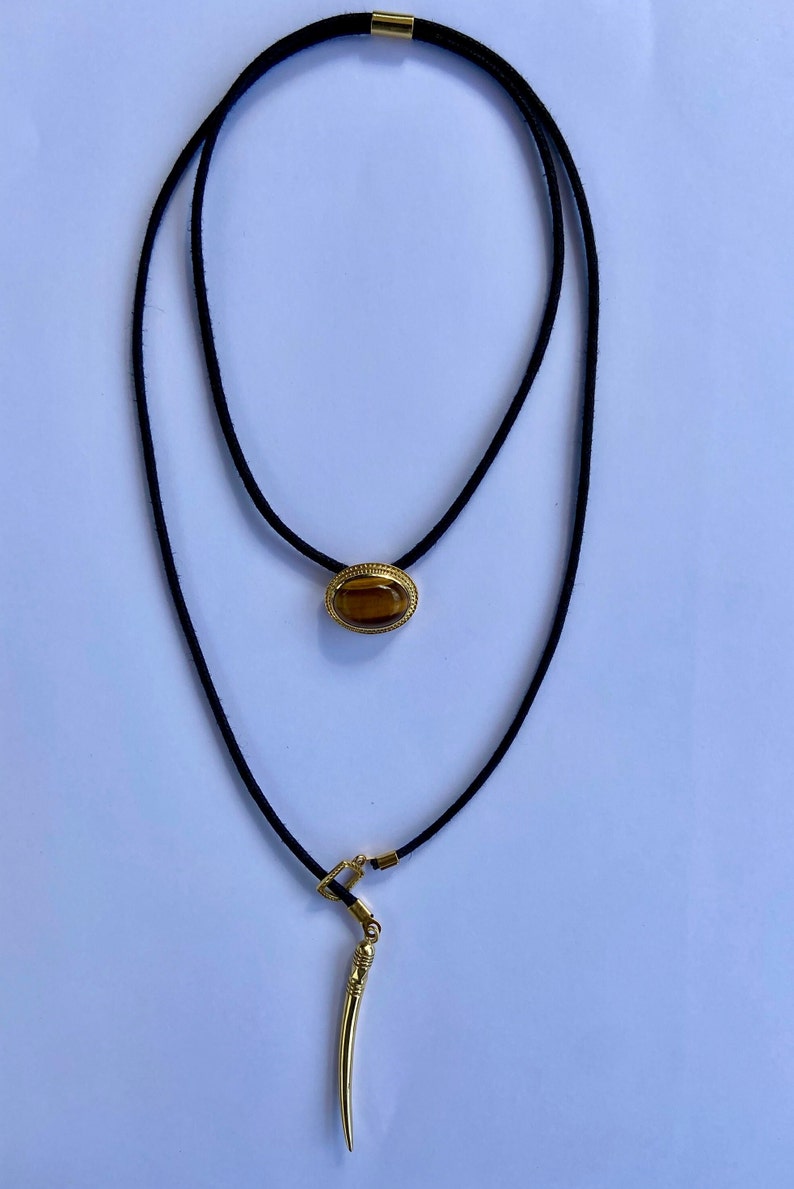 Tuareg layered necklace, lariat necklace with tigers eye and tusk pendant brass, summer choker necklace for her image 4