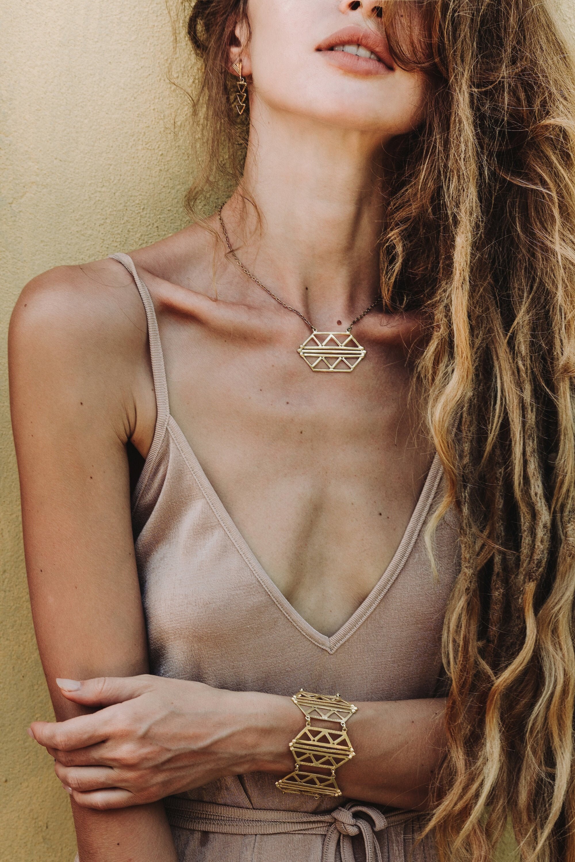 African Tuareg geometric jewellery, Minimalist hexagon edgy necklace, Boho Berber statement indie jewelry, Aesthetic chain pendant necklace