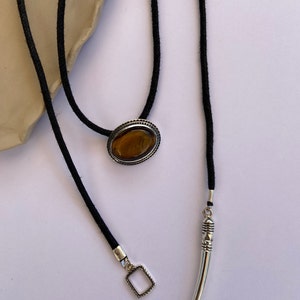 Tuareg layered necklace, lariat necklace with tigers eye and tusk pendant brass, summer choker necklace for her Silver