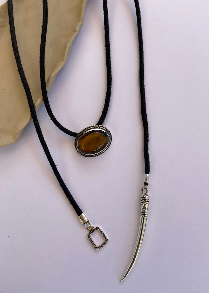 Tuareg layered necklace, lariat necklace with tigers eye and tusk pendant brass, summer choker necklace for her Silver