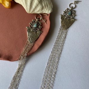 Bohemian Silver Chain Tassel larimar earrings, shoulder duster earrings, extra long statement earrings image 2