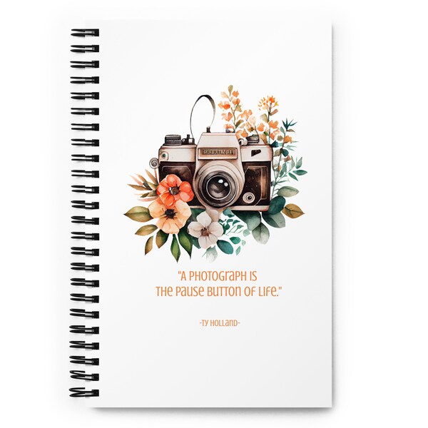 Beautiful Watercolor Floral Retro Camera | "A photograph is the pause button of life." | Beautiful Boho Gifts | Spiral Notebook