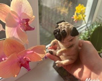 Pug dog needle felted from natural wool