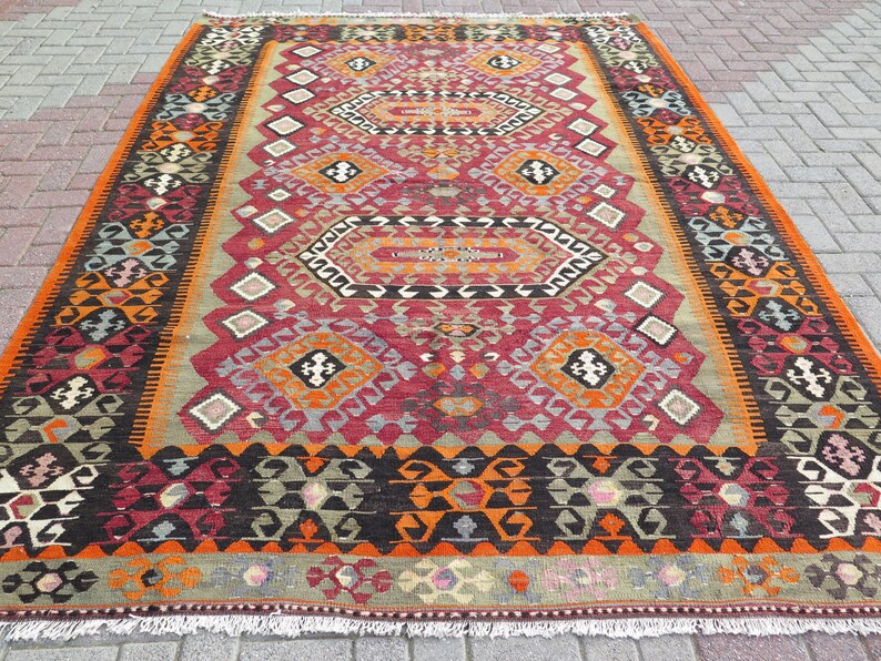 Large Kilim Rug Red Orange Blue Kelim One Of A Kind Image 0