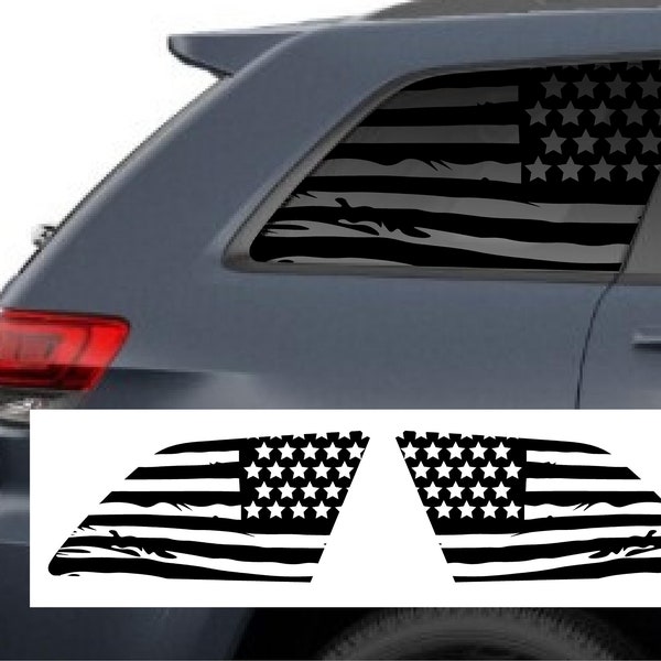 Kit of (2) USA Distressed Flag Decals Rear windows Fits Jeep Grand Cherokee 2011-2021 American