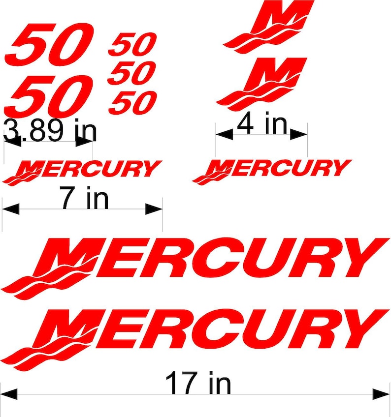 Mercury Marine Cowling Decals 50 HP 11 Set of