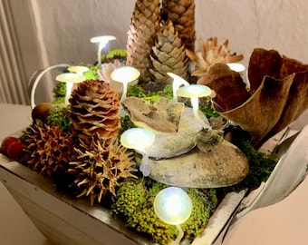 Arrangement, natural arrangement, moss arrangement, nature, luminous mushrooms, fairy lights, mushrooms, decoration, home decoration, home accessories, gift, poison, moss