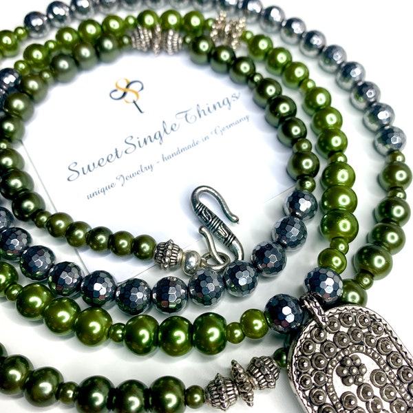 necklace, mala, malanecklace, beads, pearls, green, silver, Hämatit, elegant gemstone