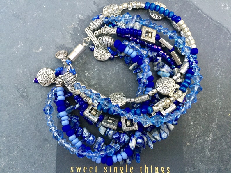 fresh bracelet Tibetan-silver Tibetan-Beads blue sea water blue Rocailles multi-strand jewelry makers elegant multi-row silver