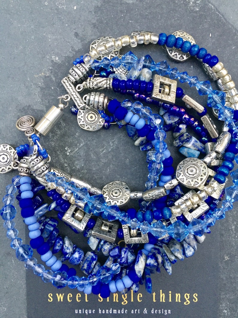 fresh bracelet Tibetan-silver Tibetan-Beads blue sea water blue Rocailles multi-strand jewelry makers elegant multi-row silver