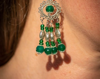 earrings, long, green, silver, Tibetan silver beads, Jade beads, Bohemian glas beads, Gypsy, Boho, Bohemian, present, unique, selfmade, girl
