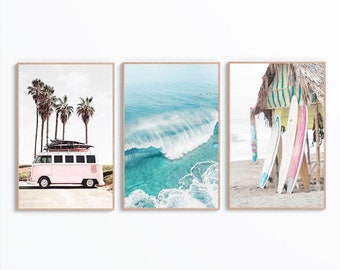 Set of 3 Surf Printable Wall Art, Coastal Decor, Aerial Beach Print, Surf Print, Surfboard Print, Retro Van Print, Ocean Wave Digital Print