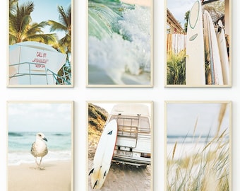 Set Of 6 Coastal Surf Prints, SurfBoard Wall Art, California, Summer Beach Prints, Ocean Poster, Surf Poster, Tropical Prints, Digital Art
