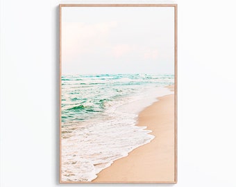 Coastal Wall Art Print, Neutral Boho Beach Print, Ocean Wave Photography, Beach House Decor, Pastel Wall Print, Pale Ocean Printable Art
