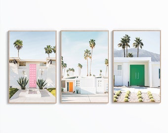 Juego de 3 láminas de puertas de Palm Springs, póster de That Pink Door, decoración de pared de California, arte de pared para puertas, fotografía de puertas, arte digital, arte tropical