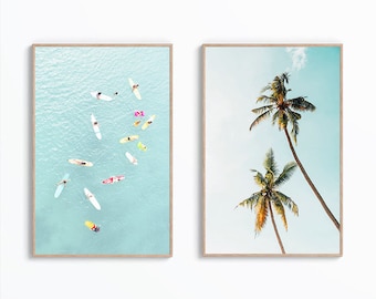 Set Of 2 Tropical Surf Wall Art Prints, Coastal Wall Art, Beach House Decor, Palm Tree Print, Surf Photos, Beach Digital Print, Pastel Ocean