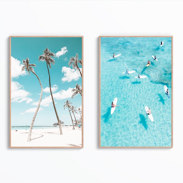 Set Of 2 Aerial Beach Wall Art Prints, Beach Prints, Coastal Prints, Aerial Photography, Surf Posters, Palm Tree Print, Tropical Beach Print