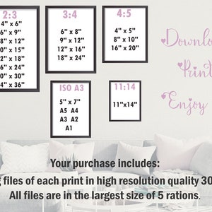 May include: Five printable art prints with different aspect ratios and sizes, including 2:3, 3:4, 4:5, and 11:14. The prints feature measurements in inches, such as 4" x 6", 6" x 8", 8" x 10", and 11" x 14". The text "Download, Print, Enjoy it!" is written in pink cursive with hearts.