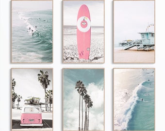 Coastal Wall Art, Set of 6 Prints, Pink Surfboard, Retro Van, California Beach Print, Palm Photo, Ocean Wall Decor, Tropical Ocean Poster