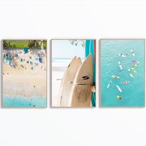 Set Of 3 Surf Wall Art, Surf Print Art Set, Surfboard Poster, Blue Ocean Photo Art, Tropical Beach Art Print, Coastal Printable, Digital Art