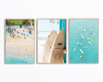Set Of 3 Surf Wall Art, Surf Print Art Set, Surfboard Poster, Blue Ocean Photo Art, Tropical Beach Art Print, Coastal Printable, Digital Art