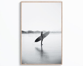 Black And White Surf Wall Art Print, California Ocean Poster, Surfboard Print, Ocean Living Decor, Beach Photo, Digital Download Wall Art