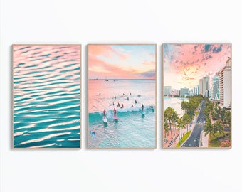Set Of 3 Coastal Sunset Wall Art, Surfing Digitall Art, Sunrise Ocean Print, Aerial Beach Poster, Ocean Wave Print Set, Boho Printable Art