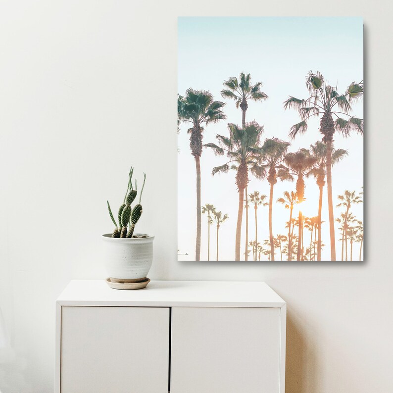 May include: A photograph of a row of palm trees silhouetted against a bright, hazy sky. The sun is setting behind the trees, casting a warm glow on the scene.