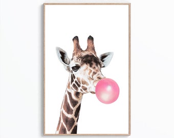 Giraffe Bubble Gum Print, Giraffe Wall Art, Giraffe Printables, Nursery Art, Bubble Gum Giraffe, Digital print, Animal Bubble Gum, Giraffe