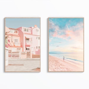 Set Of 2 Beach Prints, Tropical Pink Sunset Wall Art, Ocean Poster, Coastal Wall Decor, Nursery Printable, Digital Wall Art, Pastel Print