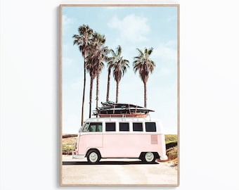 Retro Van Print, Pink Van Wall Art, Pink Beach Poster, Beach Pink Print, California Pink Print, Surf Van Photo, Large Wall Art, Digital Art