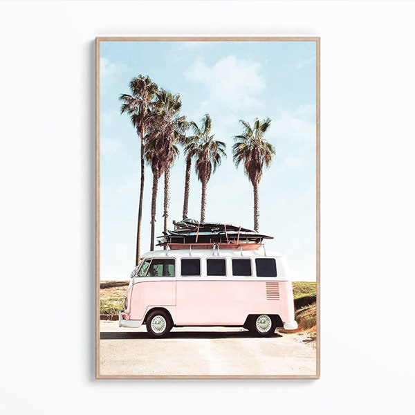 Retro Van Print, Pink Van Wall Art, Pink Beach Poster, Beach Pink Print, California Pink Print, Surf Van Photo, Large Wall Art, Digital Art