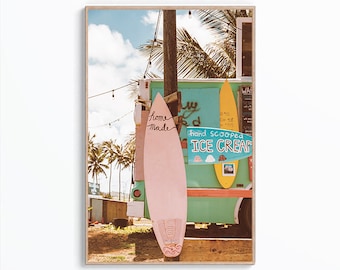Tropical Wall Art Print, Surfboard Poster, Ice Cream Print, Tropical Food Wall Art, Tropical Beach Photo, Coastal Print, Ice Cream Beach Art