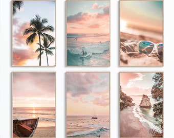 Set Of 6 Sunset Coastal Wall Art Prints, Beach Print, Sunrise Print, Ocean Art, Tropical Print, Surf Wall Art, Digital Download,Summer Vibes