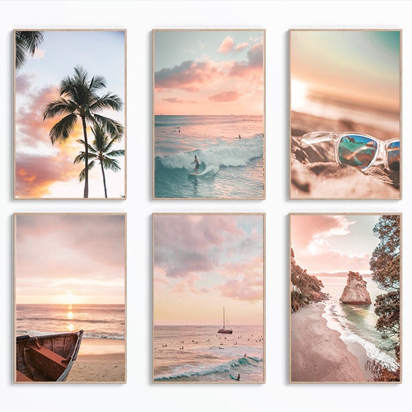 Set Of 6 Sunset Coastal Wall Art Prints, Beach Print, Sunrise Print, Ocean Art, Tropical Print, Surf Wall Art, Digital Download,Summer Vibes