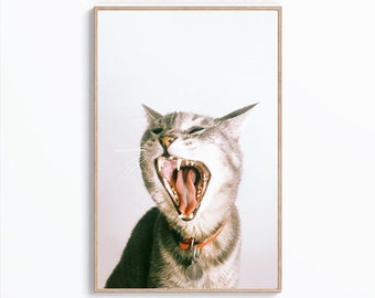 Lustige Gähnende Katze Druck, Haustier Fotografie Wandkunst (Digitaler Download),