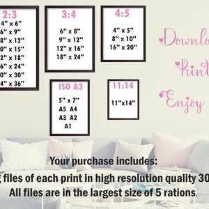 May include: Five printable art prints with different aspect ratios, including 2:3, 3:4, 4:5, and 11:14. The prints are displayed on a white wall with a couch in the foreground. The text "Download Print Enjoy it!" is written in pink cursive with hearts.