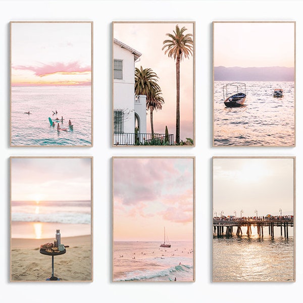 Set Of 6 Beach Sunset Wall Art Print, Sunset Ocean Print, Sunset Coastal Print, Pastel Beach Prints, California Ocean Art, Golden Hour Print