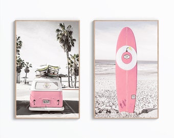 California Coastal Surf Prints Set of 2, Beach California Surf Wall Art, Surfer Van Print, Surfboard Poster, Boho Wall Decor, Digital Art