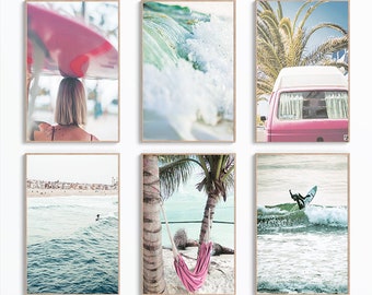 Set Of 6 Surf Wall Art Prints, Retro Van Poster, Surf Print, Ocean Waves, Digital Art, Palm Trees Photo, Tropical Wall Decor, Digital Print