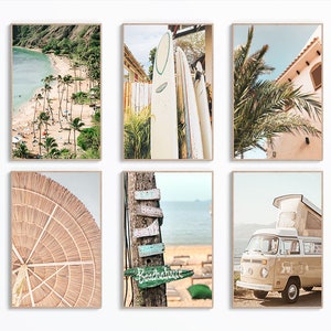 Set Of 6 Beach Printable Wall Art, Surf Print, Coastal Photo Art, Surfboard Wall Art, Vintage Van Decor, Ocean Digital Print, Neutral Print