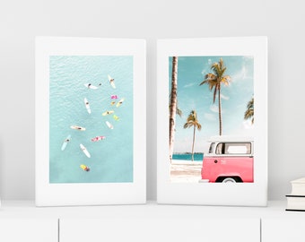 Set Of 2 Surfers Printable Wall Art, Vintage Van Print, Coastal Wall Decor, Surf Poster, Surfboard Wall Art, Retro Van Print, Digital Print
