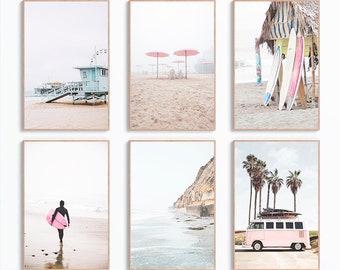 May include: Set of six beach-themed prints featuring a lifeguard stand, pink umbrellas, surfboards, a cliffside view, a surfer, and a pink van with palm trees.