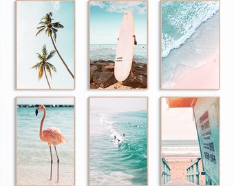 6er Set Surf Print Wandkunst, California Print, Surf Poster, Surfer Printset, Wave Wandkunst, Palme digitale Printables, Tropical Beach Print