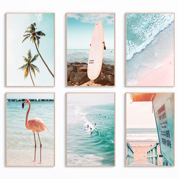 Set Of 6 Surf Print Wall Art, California Print, Surf Poster, Surfer Print Set, Wave Wall Art, Palm Digital Printables, Tropical Beach Print